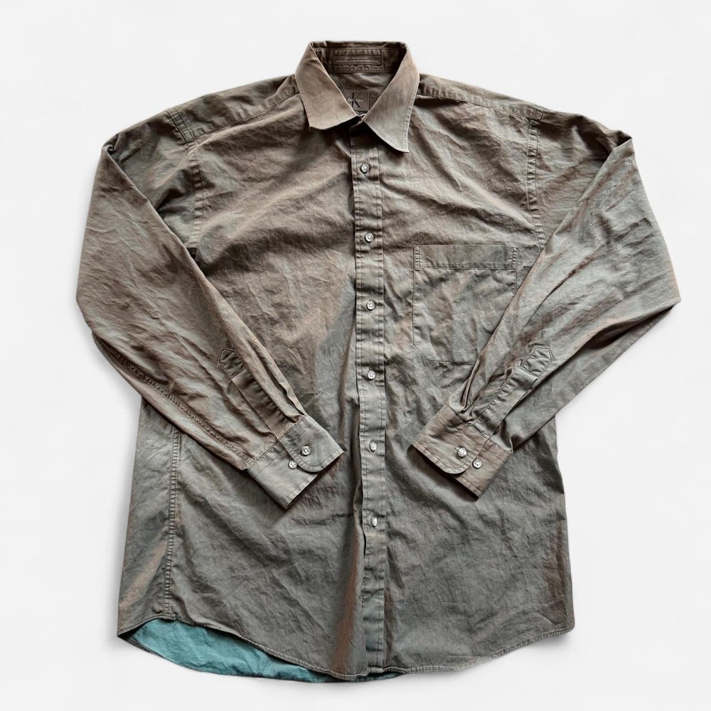 Vintage 90s Calvin Klein green-brown pearlescent button-up shirt, size 15 / M